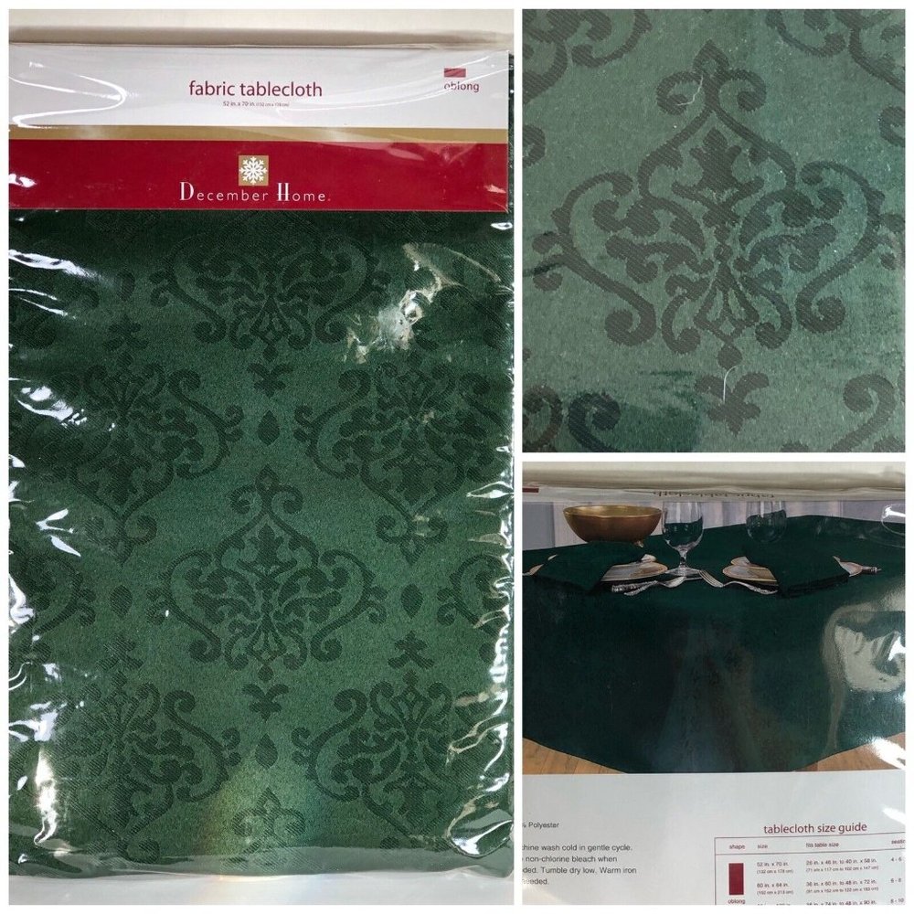 December Home Fabric Tablecloth Oblong 52” X 70” Green Holiday Dining New